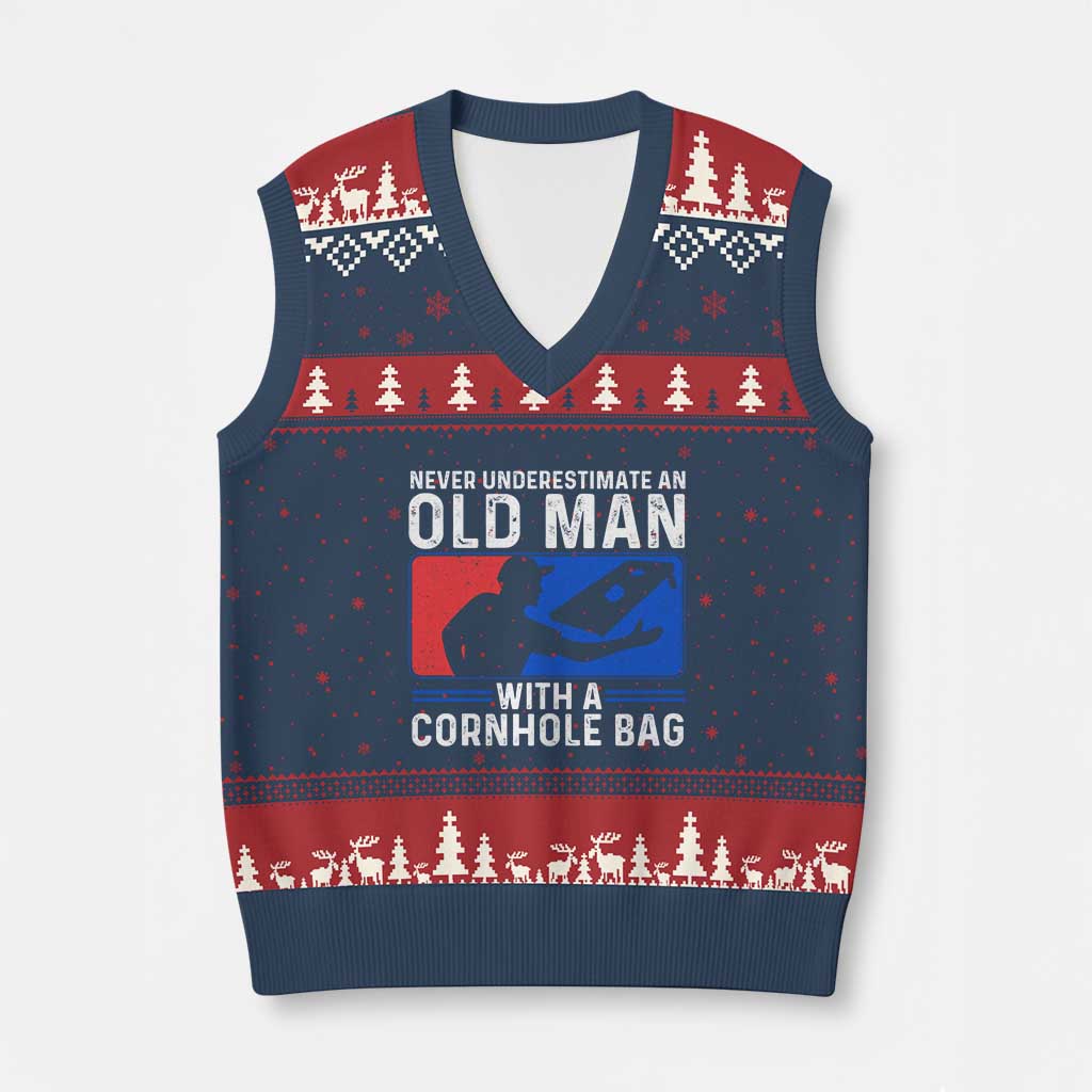 Funny Cornhole Player V-Neck Knit Sweater Vest Never Underestimate An Old Man With A Cornhole Bag TS10 Navy Red Print Your Wear