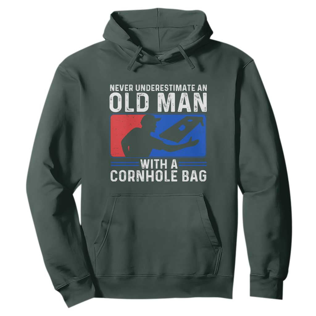 Funny Cornhole Player Hoodie Never Underestimate An Old Man With A Cornhole Bag TS10 Dark Forest Green Print Your Wear