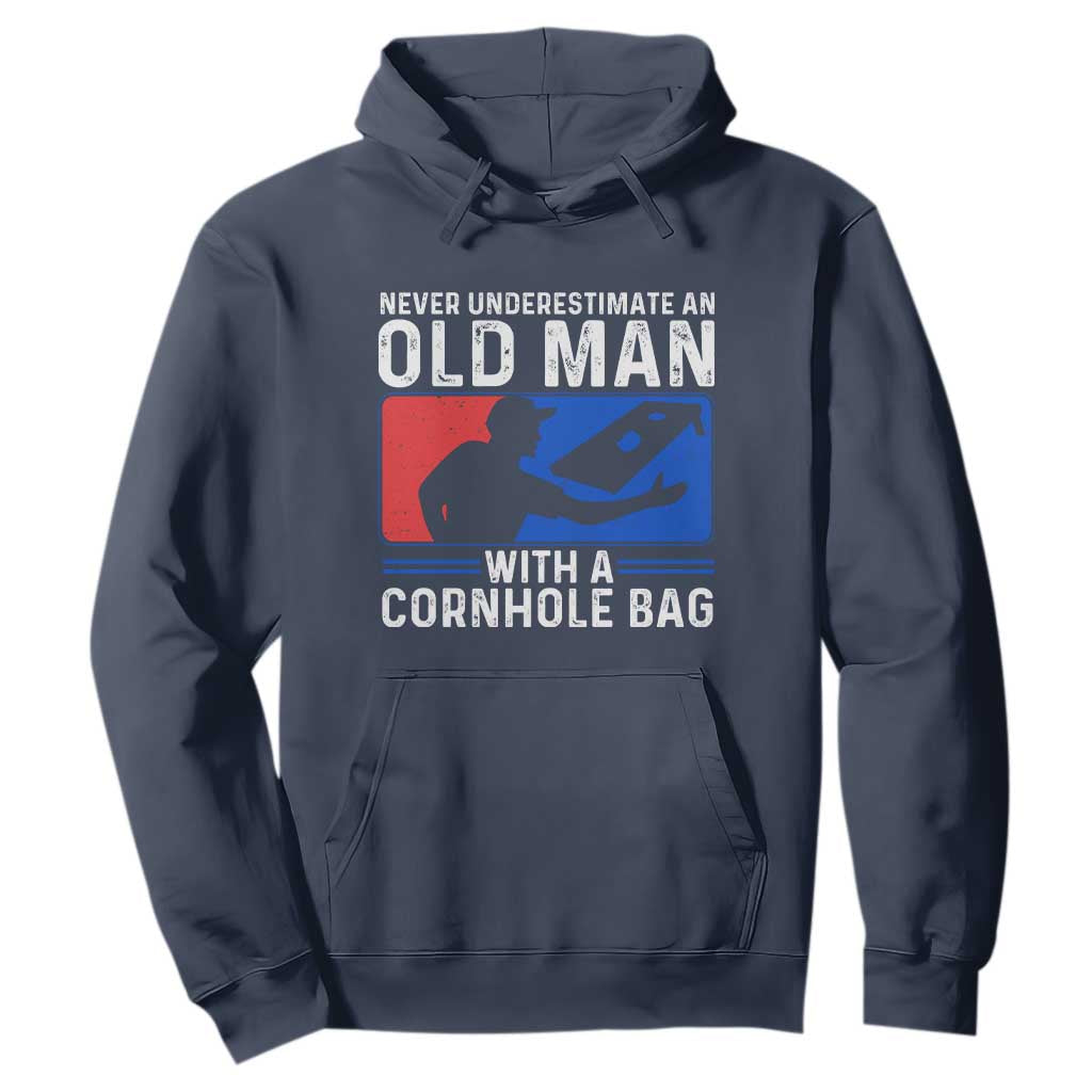 Funny Cornhole Player Hoodie Never Underestimate An Old Man With A Cornhole Bag TS10 Navy Print Your Wear