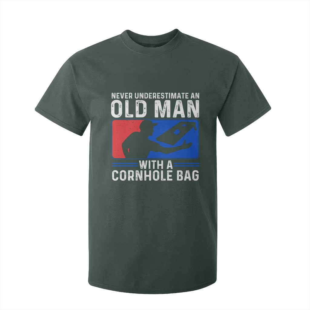 Funny Cornhole Player T Shirt For Kid Never Underestimate An Old Man With A Cornhole Bag TS10 Dark Forest Green Print Your Wear