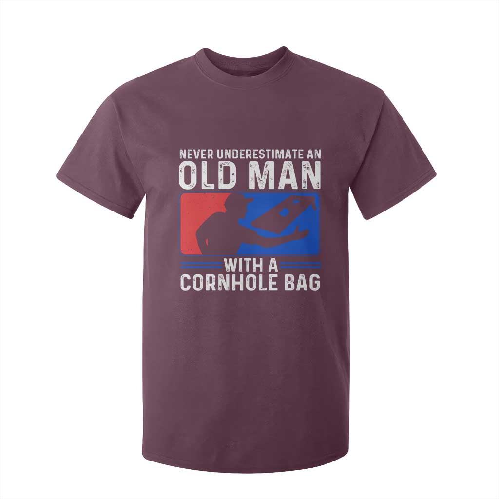 Funny Cornhole Player T Shirt For Kid Never Underestimate An Old Man With A Cornhole Bag TS10 Maroon Print Your Wear