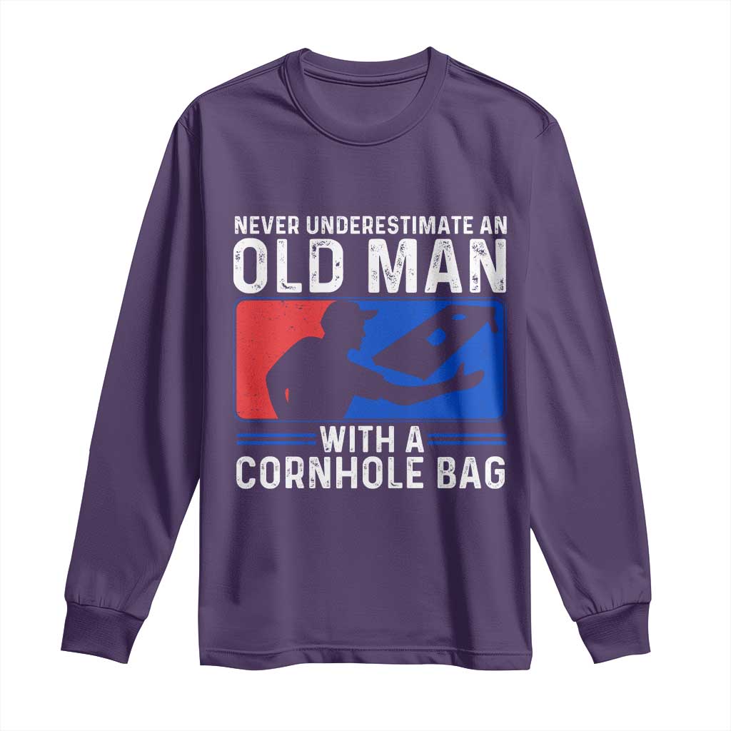 Funny Cornhole Player Long Sleeve Shirt Never Underestimate An Old Man With A Cornhole Bag TS10 Purple Print Your Wear