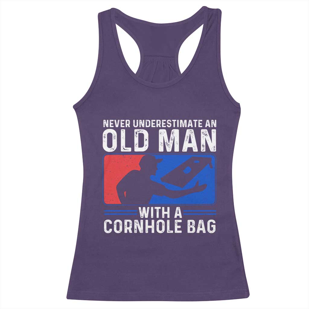 Funny Cornhole Player Racerback Tank Top Never Underestimate An Old Man With A Cornhole Bag TS10 Purple Print Your Wear
