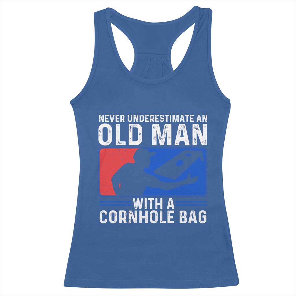 Funny Cornhole Player Racerback Tank Top Never Underestimate An Old Man With A Cornhole Bag TS10 Royal Blue Print Your Wear