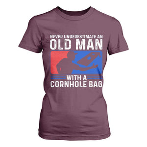 Funny Cornhole Player T Shirt For Women Never Underestimate An Old Man With A Cornhole Bag TS10 Maroon Print Your Wear