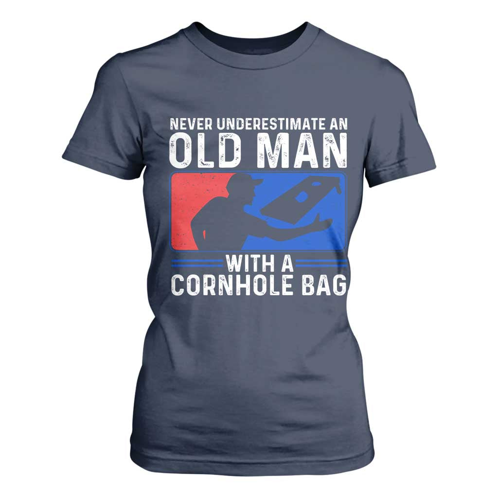 Funny Cornhole Player T Shirt For Women Never Underestimate An Old Man With A Cornhole Bag TS10 Navy Print Your Wear
