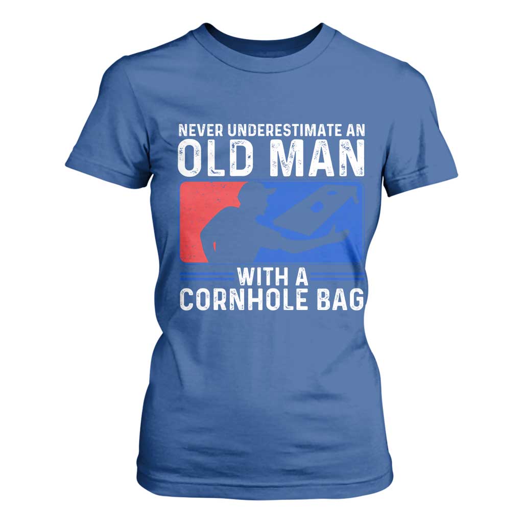 Funny Cornhole Player T Shirt For Women Never Underestimate An Old Man With A Cornhole Bag TS10 Royal Blue Print Your Wear