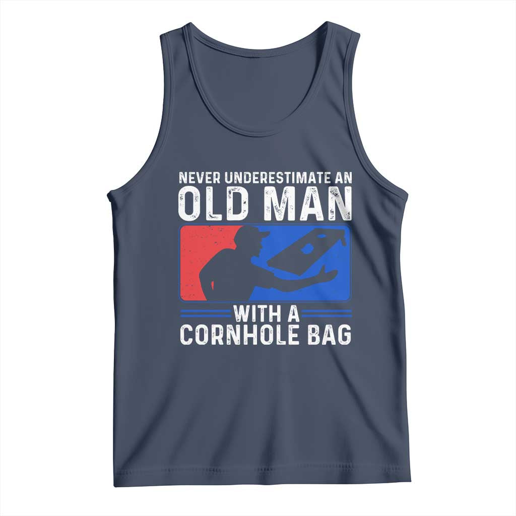 Funny Cornhole Player Tank Top Never Underestimate An Old Man With A Cornhole Bag TS10 Navy Print Your Wear