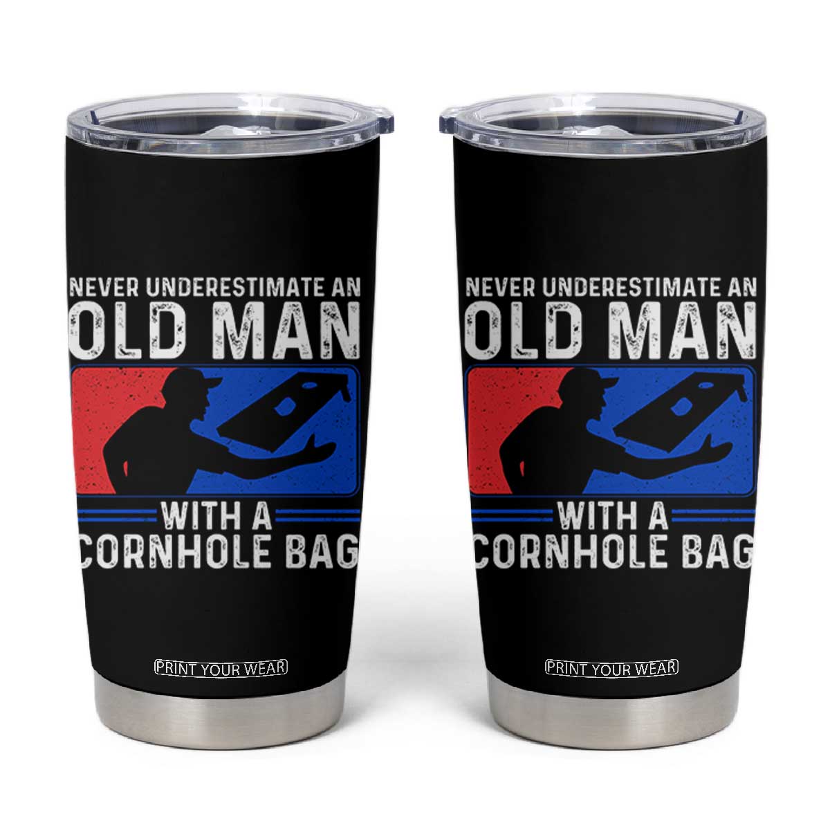 Funny Cornhole Player Tumbler Cup Never Underestimate An Old Man With A Cornhole Bag TS10 Black Print Your Wear