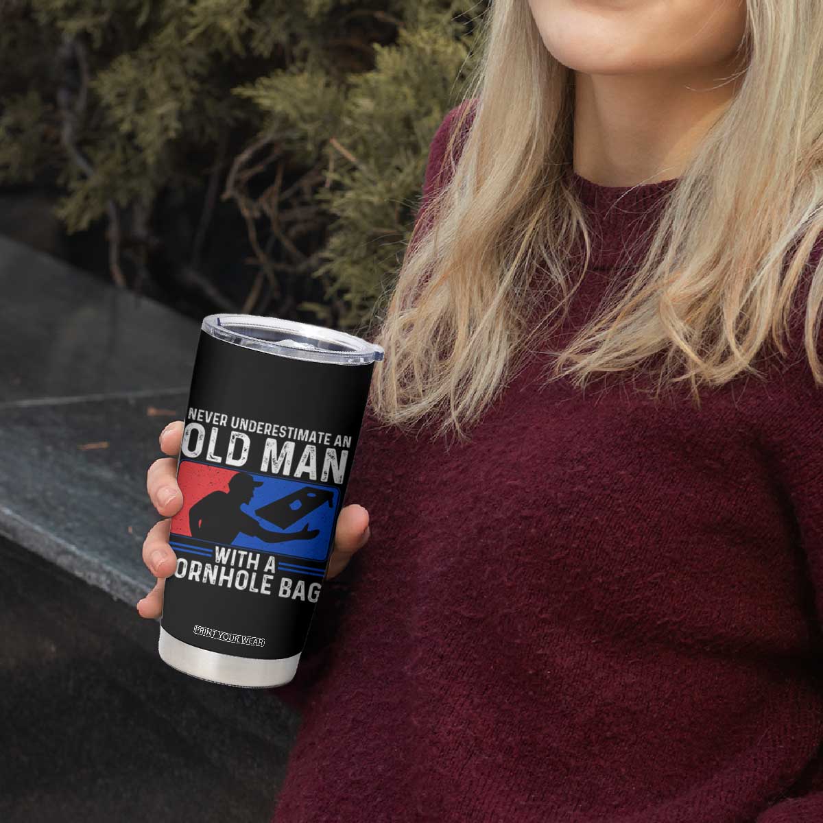 Funny Cornhole Player Tumbler Cup Never Underestimate An Old Man With A Cornhole Bag TS10 Print Your Wear