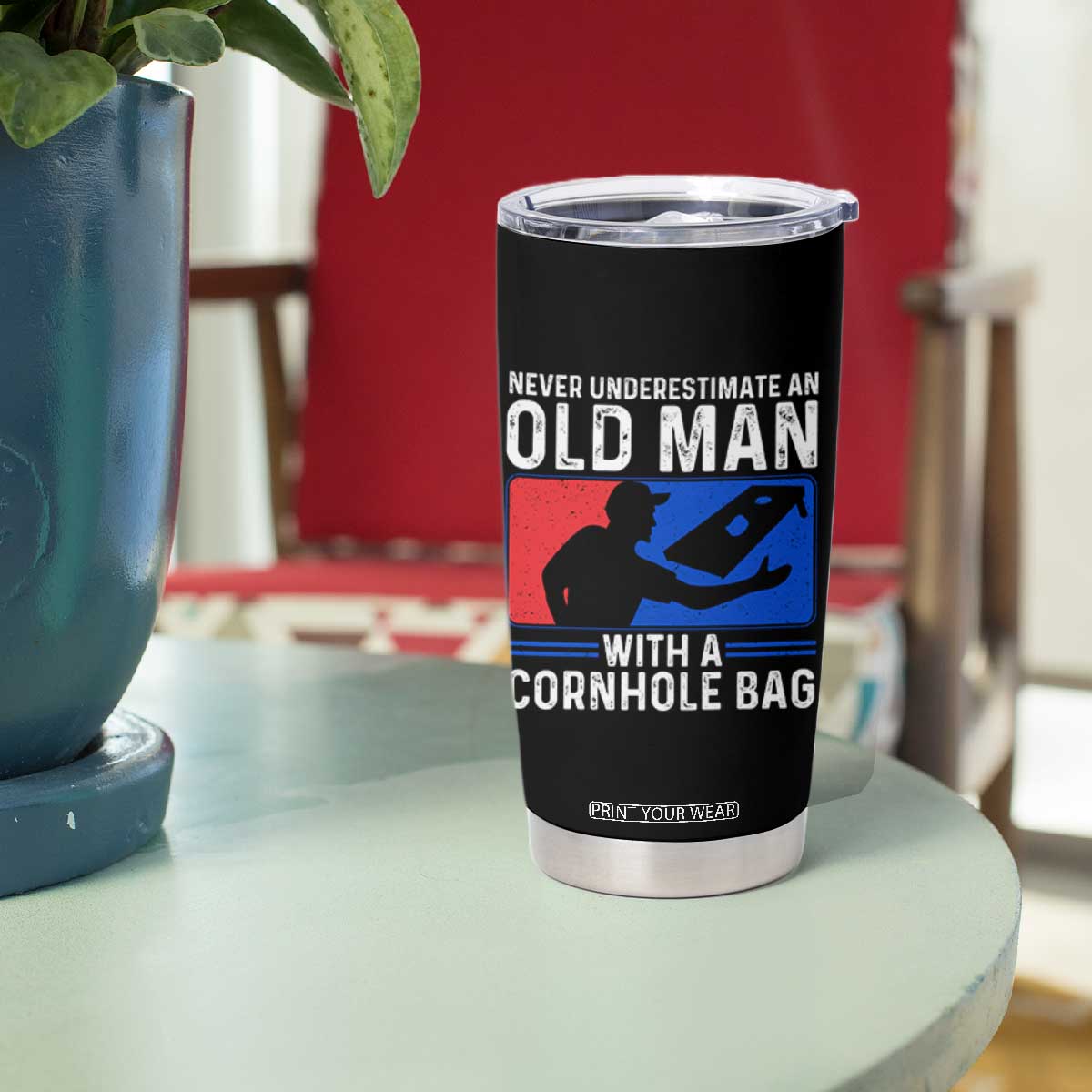 Funny Cornhole Player Tumbler Cup Never Underestimate An Old Man With A Cornhole Bag TS10 Print Your Wear