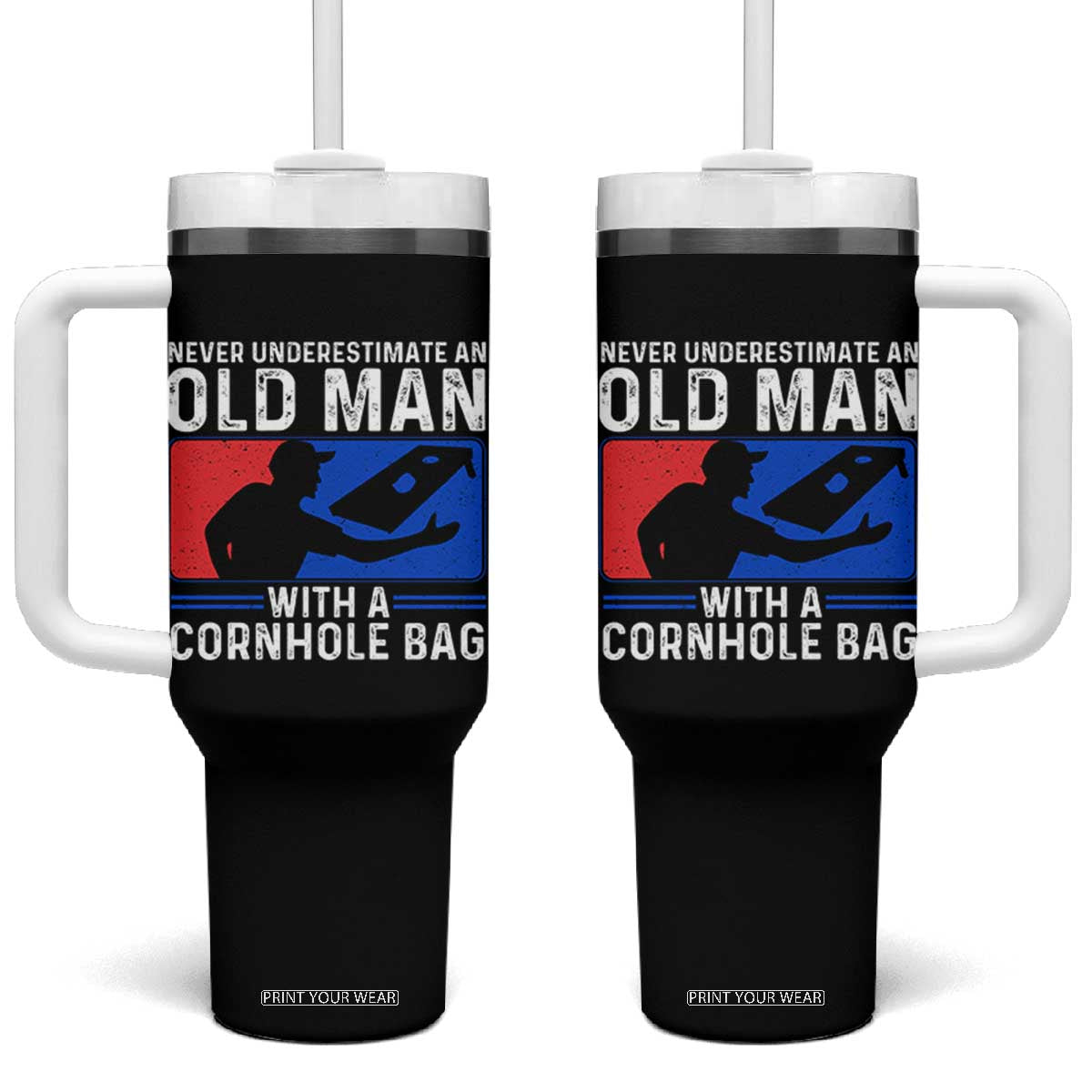 Funny Cornhole Player Tumbler With Handle Never Underestimate An Old Man With A Cornhole Bag TS10 One Size: 40 oz Black Print Your Wear