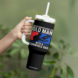 Funny Cornhole Player Tumbler With Handle Never Underestimate An Old Man With A Cornhole Bag TS10 Print Your Wear