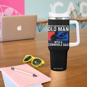 Funny Cornhole Player Tumbler With Handle Never Underestimate An Old Man With A Cornhole Bag TS10 Print Your Wear