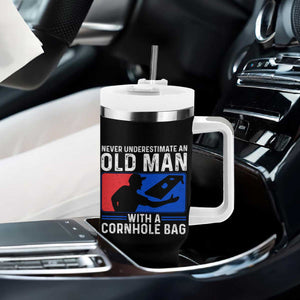 Funny Cornhole Player Tumbler With Handle Never Underestimate An Old Man With A Cornhole Bag TS10 Print Your Wear