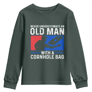 Funny Cornhole Player Youth Sweatshirt Never Underestimate An Old Man With A Cornhole Bag TS10 Dark Forest Green Print Your Wear