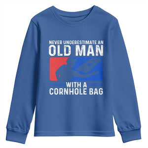 Funny Cornhole Player Youth Sweatshirt Never Underestimate An Old Man With A Cornhole Bag TS10 Royal Blue Print Your Wear
