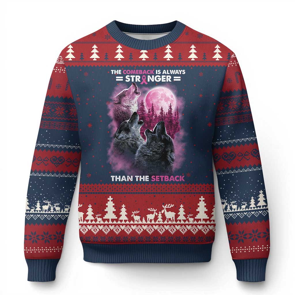 Pink Breast Cancer Ugly Christmas Sweater Pink Ribbon Comeback Stronger Than Setback Wolf Moon TS10 Navy Red Print Your Wear