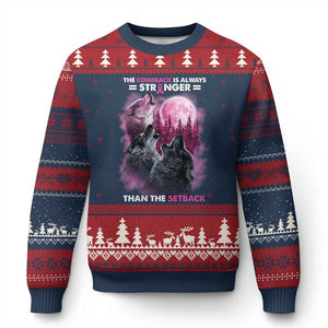 Pink Breast Cancer Ugly Christmas Sweater Pink Ribbon Comeback Stronger Than Setback Wolf Moon TS10 Navy Red Print Your Wear