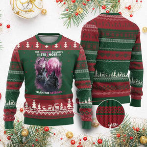 Pink Breast Cancer Ugly Christmas Sweater Pink Ribbon Comeback Stronger Than Setback Wolf Moon TS10 Red Green Print Your Wear