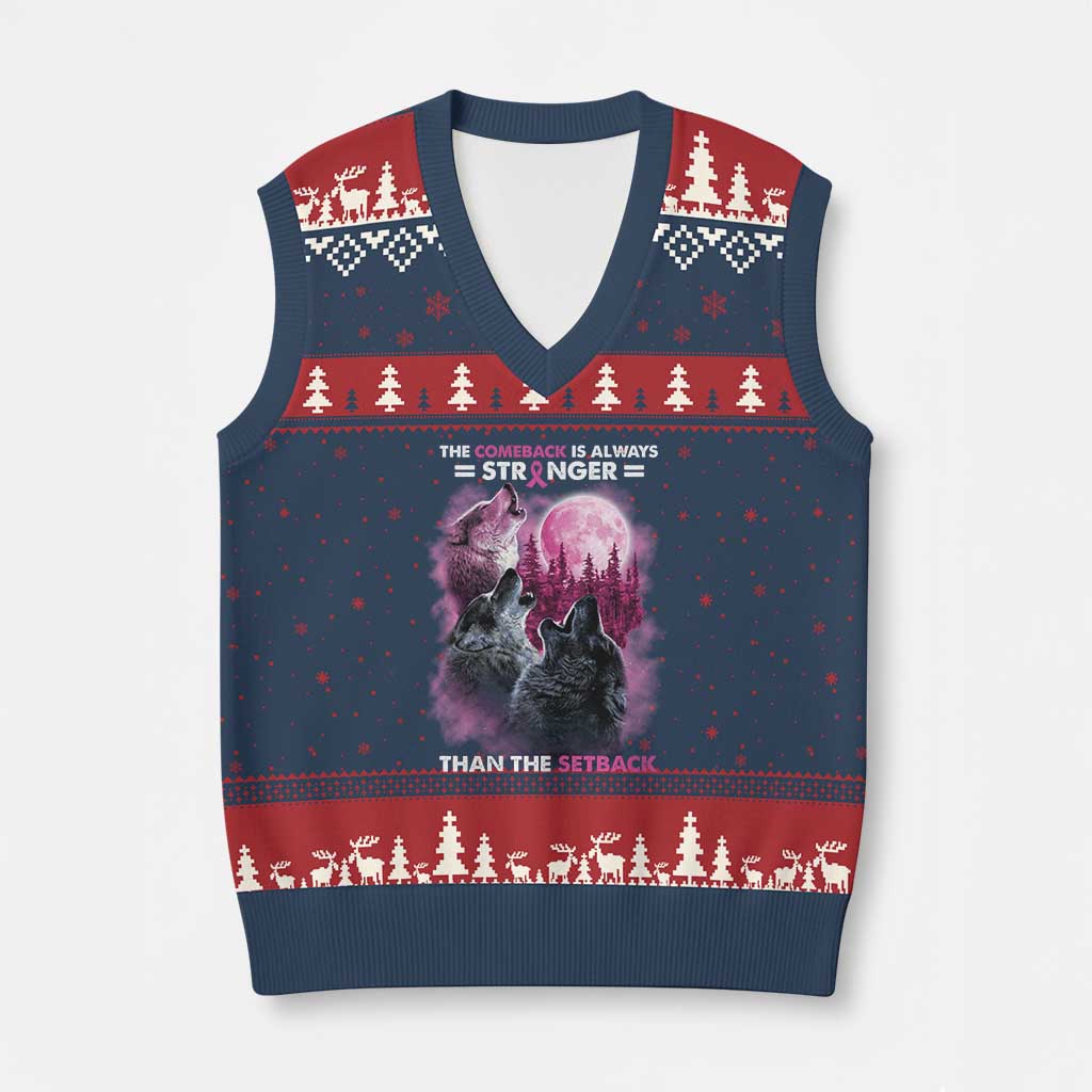 Pink Breast Cancer V-Neck Knit Sweater Vest Pink Ribbon Comeback Stronger Than Setback Wolf Moon TS10 Navy Red Print Your Wear