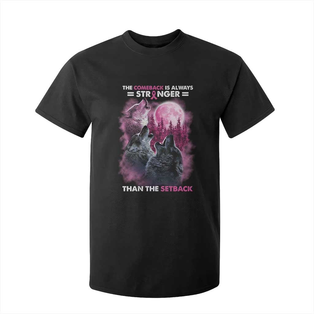 Pink Breast Cancer T Shirt For Kid Pink Ribbon Comeback Stronger Than Setback Wolf Moon - Print Your Wear