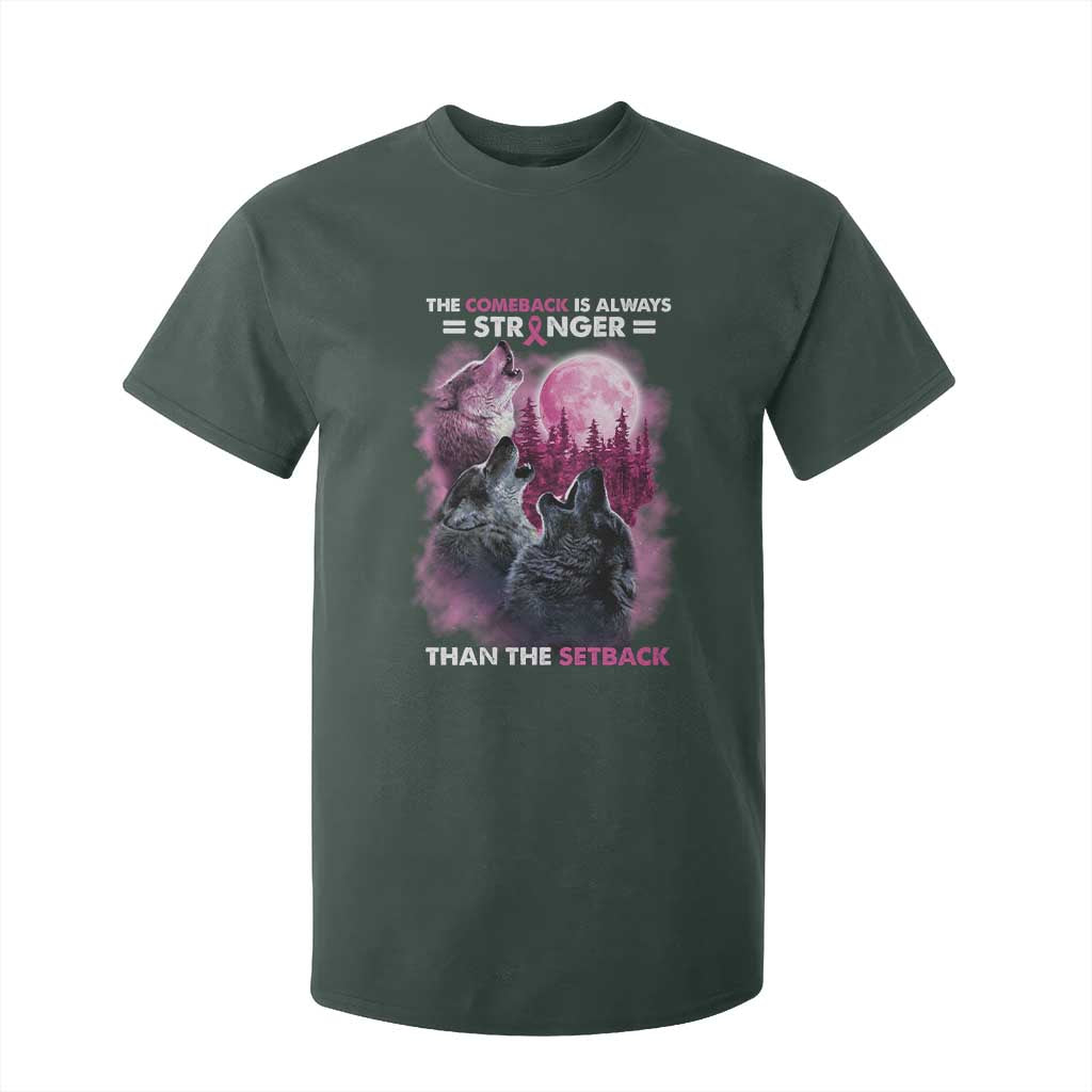 Pink Breast Cancer T Shirt For Kid Pink Ribbon Comeback Stronger Than Setback Wolf Moon TS10 Dark Forest Green Print Your Wear