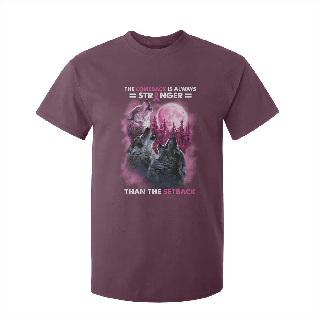 Pink Breast Cancer T Shirt For Kid Pink Ribbon Comeback Stronger Than Setback Wolf Moon TS10 Maroon Print Your Wear