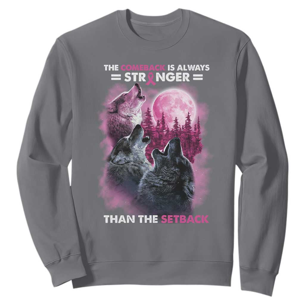 Pink Breast Cancer Sweatshirt Pink Ribbon Comeback Stronger Than Setback Wolf Moon TS10 Charcoal Print Your Wear