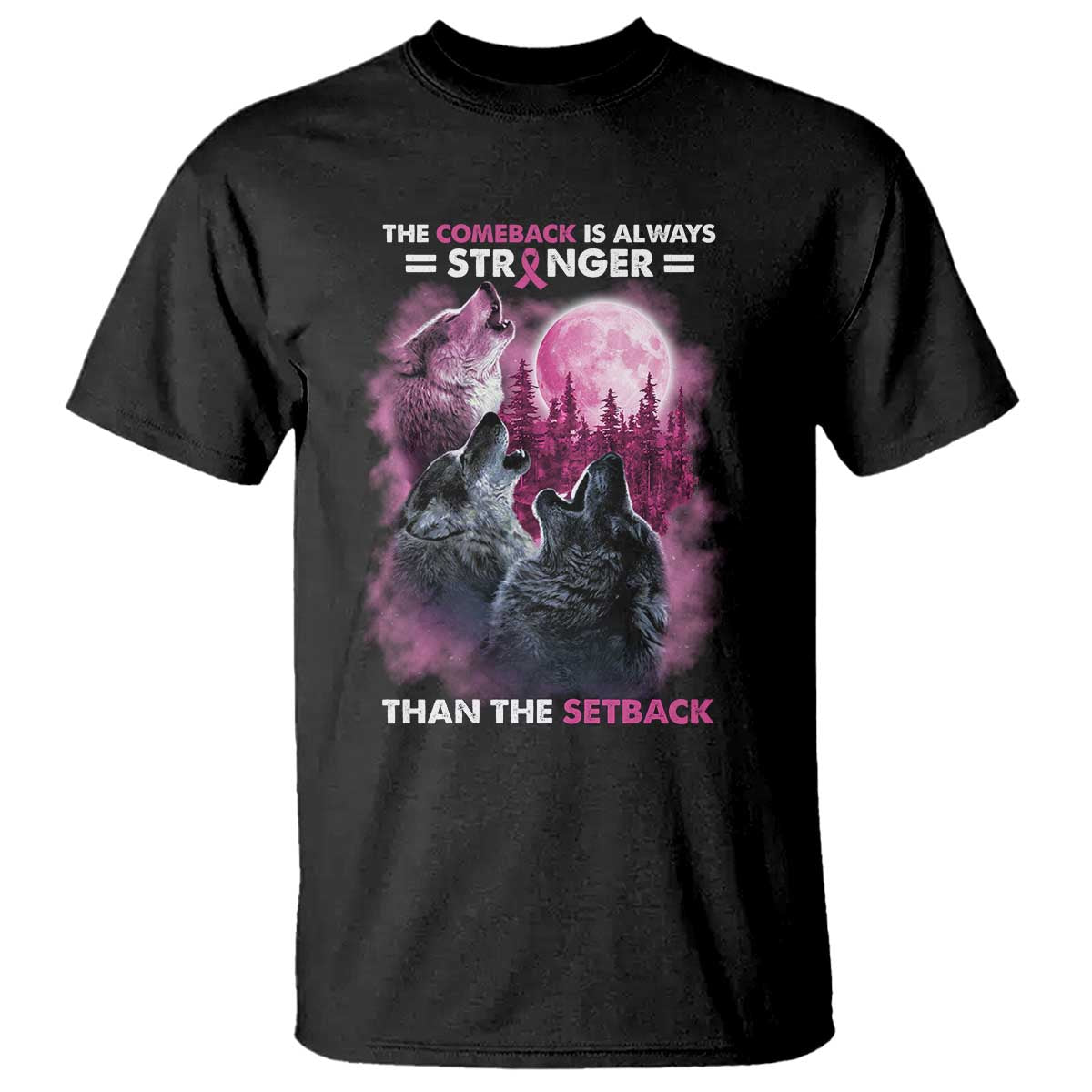 Pink Breast Cancer T Shirt Pink Ribbon Comeback Stronger Than Setback Wolf Moon - Print Your Wear
