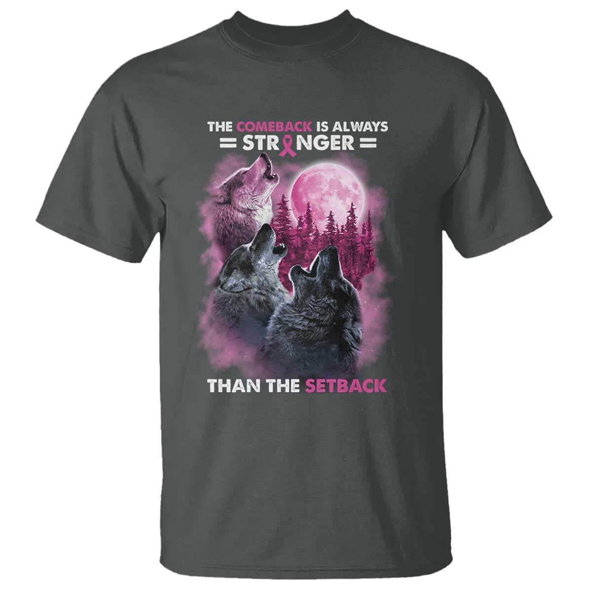 Pink Breast Cancer T Shirt Pink Ribbon Comeback Stronger Than Setback Wolf Moon TS10 Dark Heather Print Your Wear
