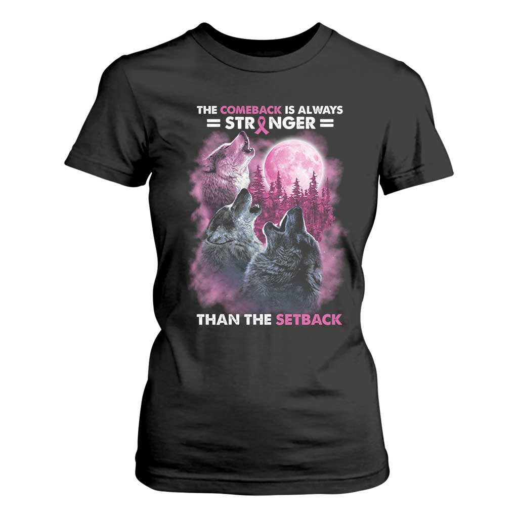 Pink Breast Cancer T Shirt For Women Pink Ribbon Comeback Stronger Than Setback Wolf Moon - Print Your Wear