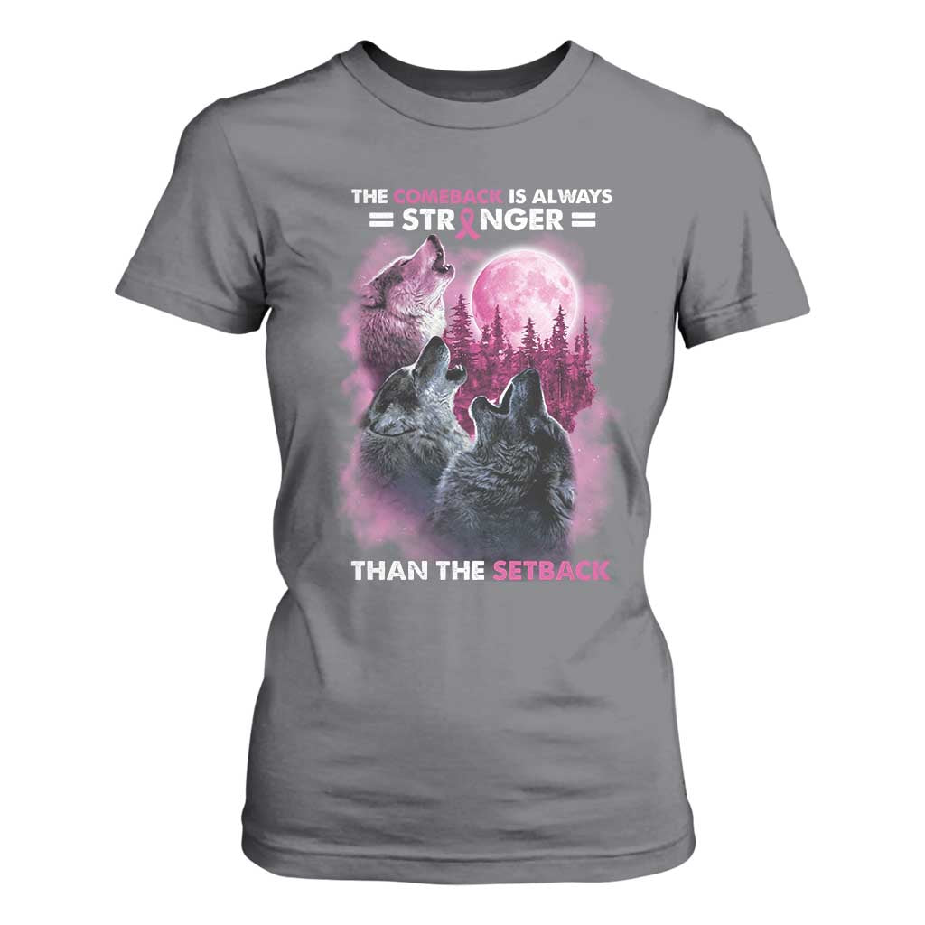 Pink Breast Cancer T Shirt For Women Pink Ribbon Comeback Stronger Than Setback Wolf Moon TS10 Charcoal Print Your Wear
