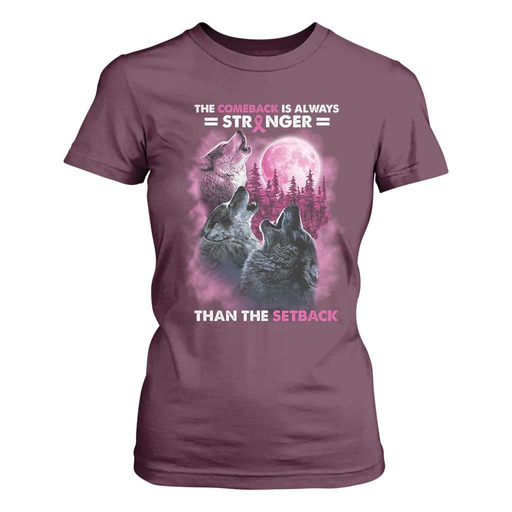 Pink Breast Cancer T Shirt For Women Pink Ribbon Comeback Stronger Than Setback Wolf Moon TS10 Maroon Print Your Wear