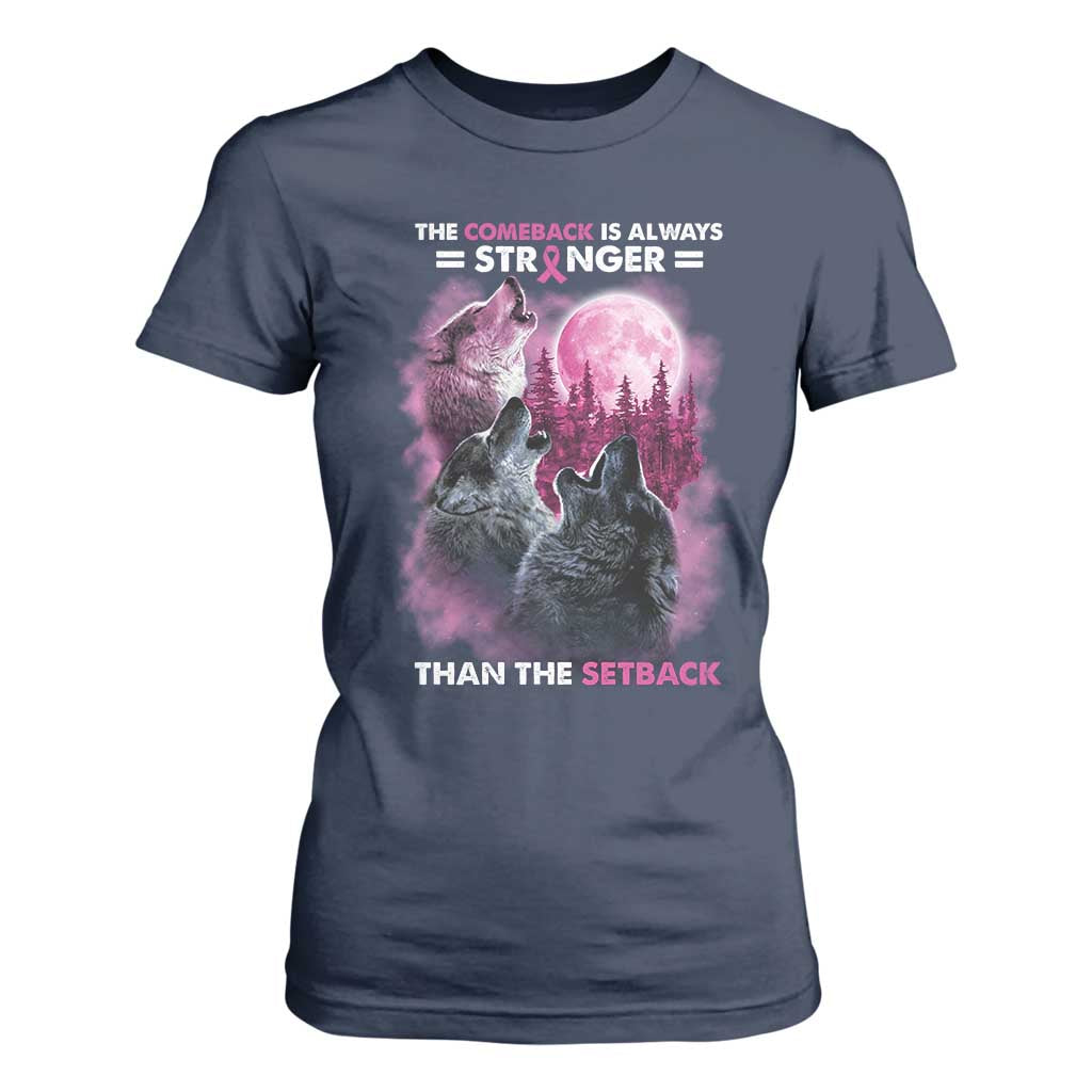 Pink Breast Cancer T Shirt For Women Pink Ribbon Comeback Stronger Than Setback Wolf Moon TS10 Navy Print Your Wear