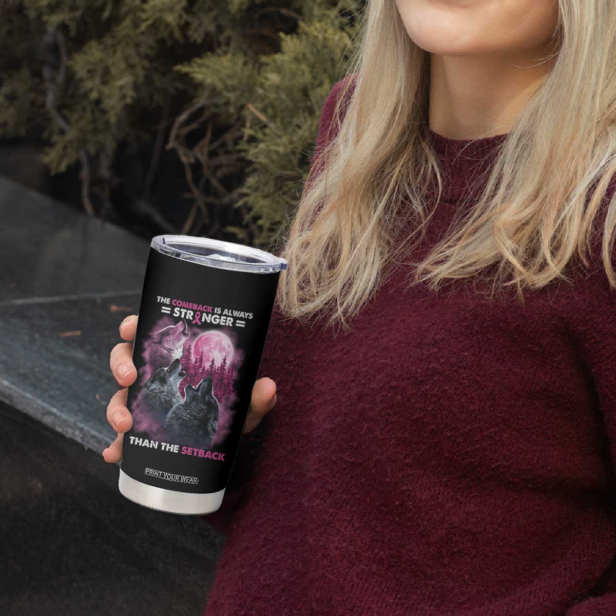 Pink Breast Cancer Tumbler Cup Pink Ribbon Comeback Stronger Than Setback Wolf Moon TS10 Print Your Wear