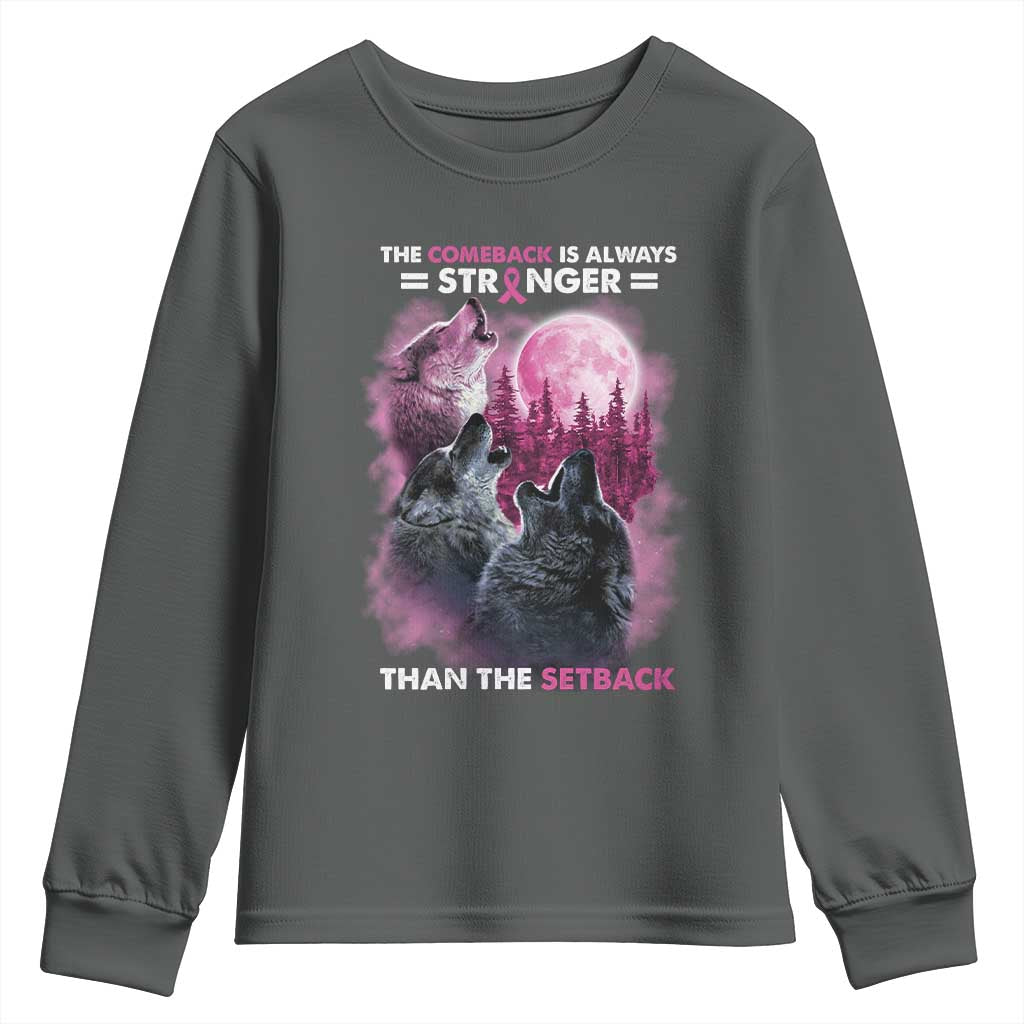 Pink Breast Cancer Youth Sweatshirt Pink Ribbon Comeback Stronger Than Setback Wolf Moon TS10 Dark Heather Print Your Wear