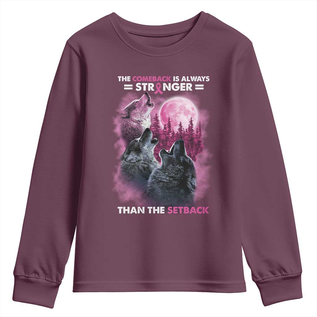 Pink Breast Cancer Youth Sweatshirt Pink Ribbon Comeback Stronger Than Setback Wolf Moon TS10 Maroon Print Your Wear