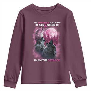 Pink Breast Cancer Youth Sweatshirt Pink Ribbon Comeback Stronger Than Setback Wolf Moon TS10 Maroon Print Your Wear