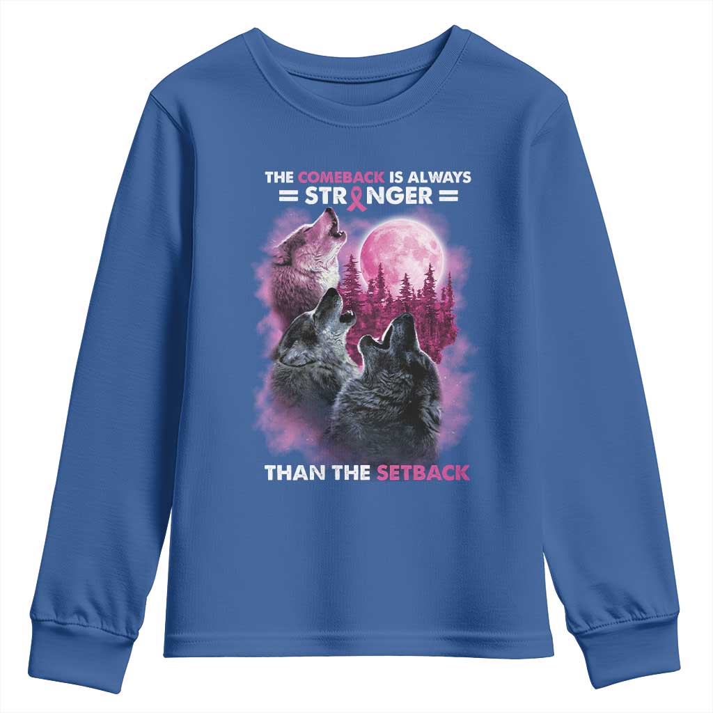 Pink Breast Cancer Youth Sweatshirt Pink Ribbon Comeback Stronger Than Setback Wolf Moon TS10 Royal Blue Print Your Wear