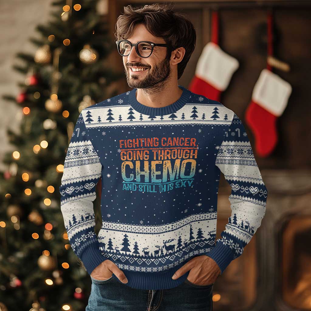 Funny Cancer Fighter Ugly Christmas Sweater Inspirational Quote Chemo Patient Gift TS10 Navy Beige Print Your Wear