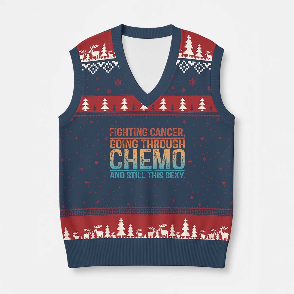 Funny Cancer Fighter V-Neck Knit Sweater Vest Inspirational Quote Chemo Patient Gift TS10 Navy Red Print Your Wear