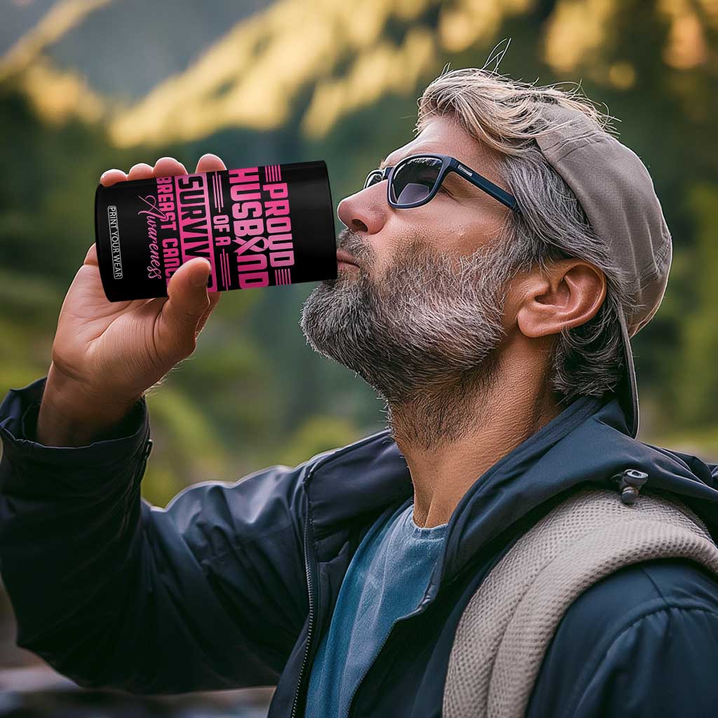 Husband Of A Warrior Breast Cancer Awareness 4 in 1 Can Cooler Tumbler Wife Support Squad TS10 Print Your Wear