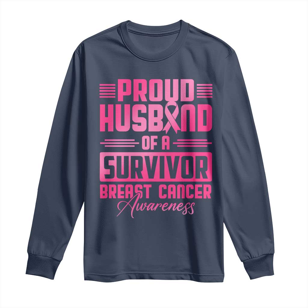 Husband Of A Warrior Breast Cancer Awareness Long Sleeve Shirt Wife Support Squad TS10 Navy Print Your Wear