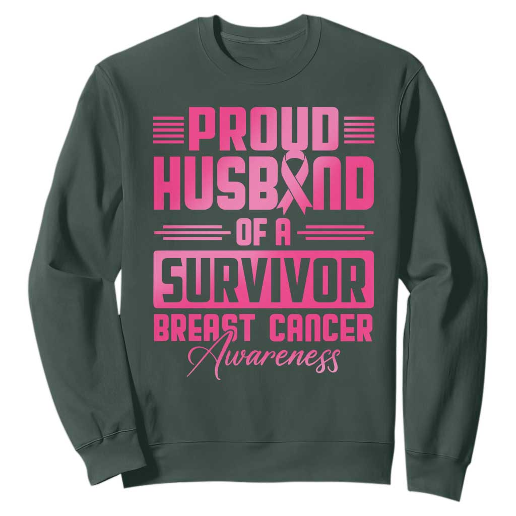 Husband Of A Warrior Breast Cancer Awareness Sweatshirt Wife Support Squad TS10 Dark Forest Green Print Your Wear