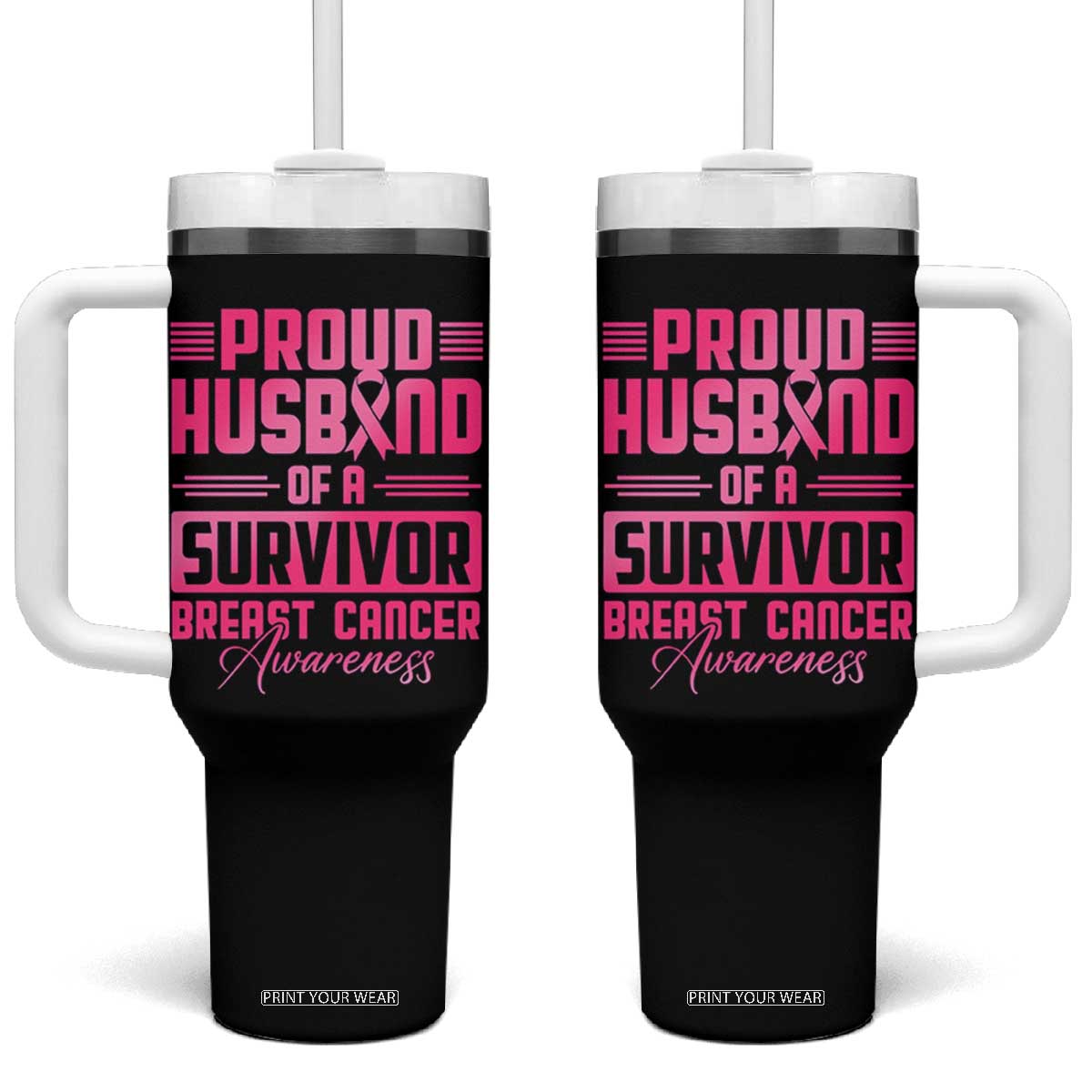 Husband Of A Warrior Breast Cancer Awareness Tumbler With Handle Wife Support Squad TS10 One Size: 40 oz Black Print Your Wear