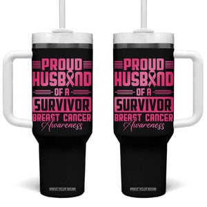 Husband Of A Warrior Breast Cancer Awareness Tumbler With Handle Wife Support Squad TS10 One Size: 40 oz Black Print Your Wear
