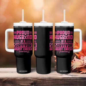 Husband Of A Warrior Breast Cancer Awareness Tumbler With Handle Wife Support Squad TS10 Print Your Wear