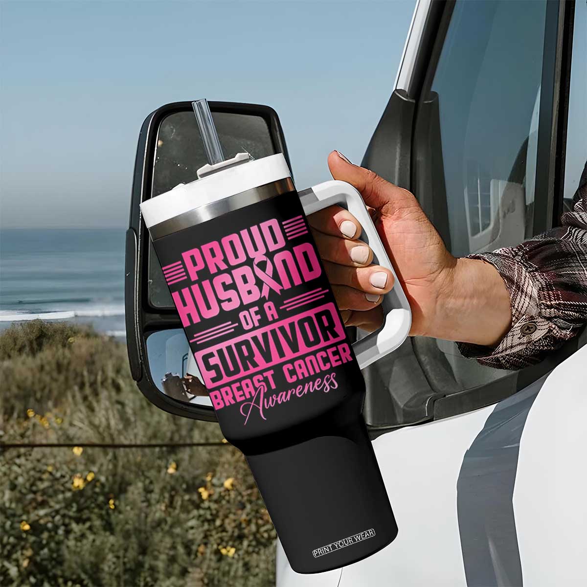 Husband Of A Warrior Breast Cancer Awareness Tumbler With Handle Wife Support Squad TS10 Print Your Wear