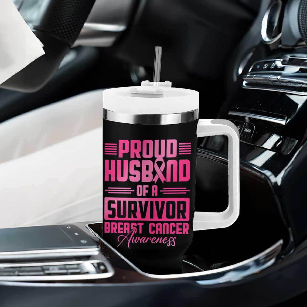 Husband Of A Warrior Breast Cancer Awareness Tumbler With Handle Wife Support Squad TS10 Print Your Wear